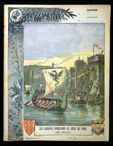 Navi normanne che assediano Parigi, illustrazione da una copertina di un quaderno scolastico, fine XIX secolo